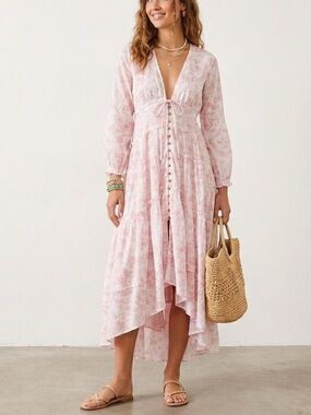 Free People Pappiet Midi Long Sleeve Boho Dress in Pink Ivory Floral